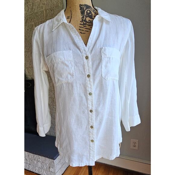 Eileen Fisher Linen Cotton 2 Panel White Button Up Blouse Top, 3/4 Sleeve - Picture 1 of 12